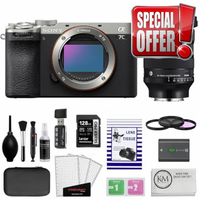 Sony a7C II Mirrorless Camera | Silver Bundle with Sigma 24-70mm f/2.8 DG DN II Art Lens + 128GB Memory Card + Filter Set + Battery + Reader + Screen Protector + Cleaning Kit (Renewed)
