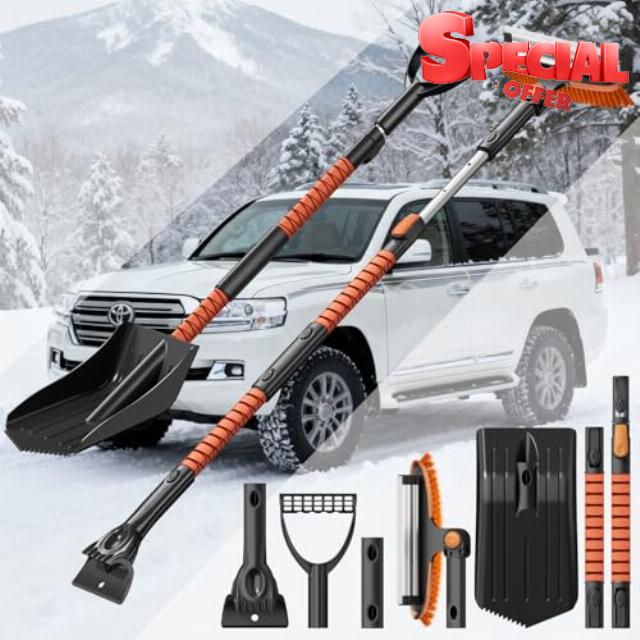 4-In-1 Snow Brush and Ice Scrapers for Car Windshield 55'' Extendable Snow Shovel Snow Broom Kit with Squeegee