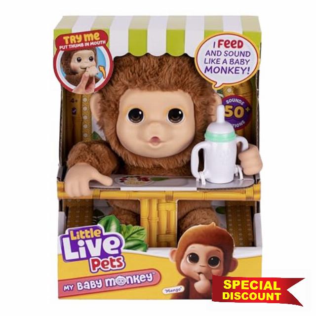 Little Live Pets My Baby Monkey 'Mango' with Bottle - Cuddly and Soft Interactive Animal Toy Playset for Children 4+ - More Than 50 Sounds and Reactions