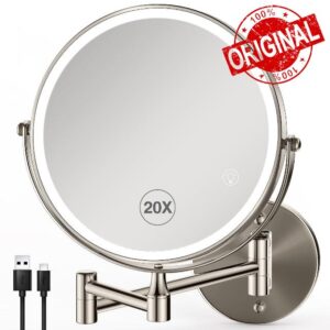 Magnifying Mirror with Lights 1X/20X: 8.5" Double Sided 2000mAh Rechargeable Wall Mounted Lighted Makeup Mirror for Bathroom