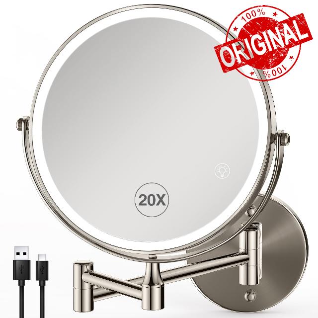 Magnifying Mirror with Lights 1X/20X: 8.5" Double Sided 2000mAh Rechargeable Wall Mounted Lighted Makeup Mirror for Bathroom