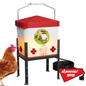 Nexum 2 Gallon Heated Chicken Waterer - Outdoor Unfrozen Poultry Drinker for Winter with 4 Nipples and Adjustable Stand Automatic Chicks Water Bucket (Red