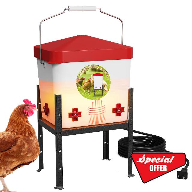 Nexum 2 Gallon Heated Chicken Waterer - Outdoor Unfrozen Poultry Drinker for Winter with 4 Nipples and Adjustable Stand Automatic Chicks Water Bucket (Red