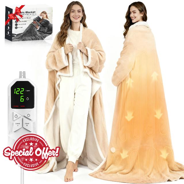 Heated Wearable Blanket with Sleeves & Foot Pocket – Electric Sherpa Blanket 50 * 70"