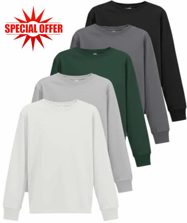 Real Essentials 5 Pack: Boys' Cotton Jersey Long Sleeve T-Shirt Uniform Kids Crew Neck Tee Top