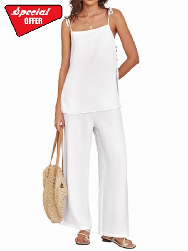 ANRABESS 2 Piece Sets for Women Summer Casual Lounge Spaghetti Strap Top Wide Leg Pants Set Vacation Beach Travel Outfits