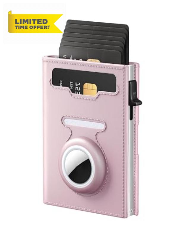 RFID Wallet for Women with AirTag Holder - Slim Small Trifold Wallets Anti-Theft Pop up Card Holder for Air Tag