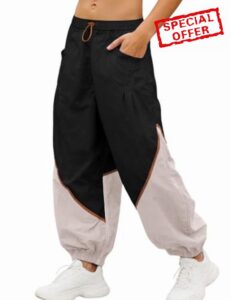 Athlisan Women's Baggy Wide Leg Pants Elastic Waist Workout Track Color Block Parachute Pants with Pockets