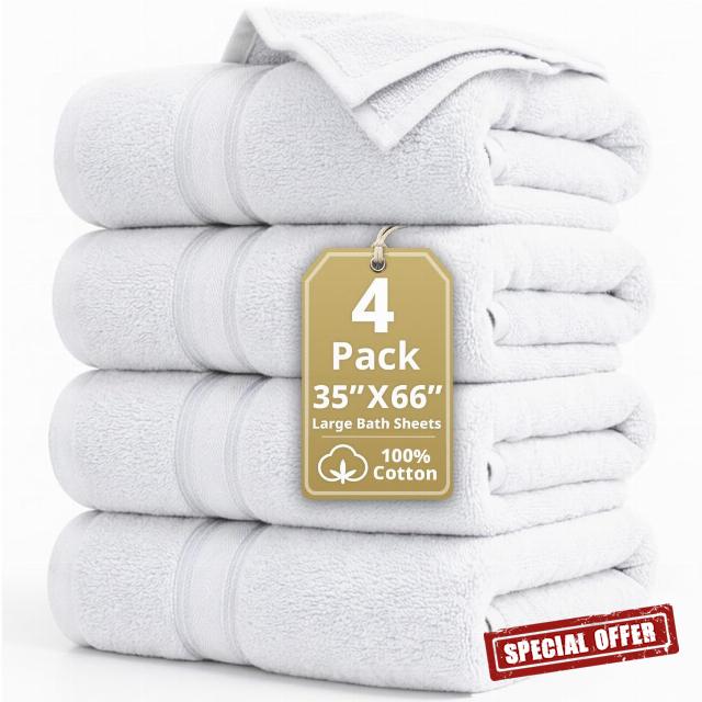 LANE LINEN 100% Cotton Bath Sheets - Exclusive Zero Twist Technology - 4 Pack (35"x66") White Towels large - Ultra Soft