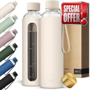 KIVY Glass Water Bottle with Silicone Sleeve 32 oz [WITH MEASUREMENT] - Borosilicate Glass Water Bottle Screw Top - Clear Bottles with Measurement Marking - Slim Waterbottle Aesthetic - Cream White