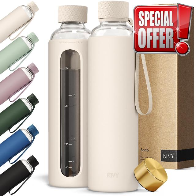 KIVY Glass Water Bottle with Silicone Sleeve 32 oz [WITH MEASUREMENT] - Borosilicate Glass Water Bottle Screw Top - Clear Bottles with Measurement Marking - Slim Waterbottle Aesthetic - Cream White