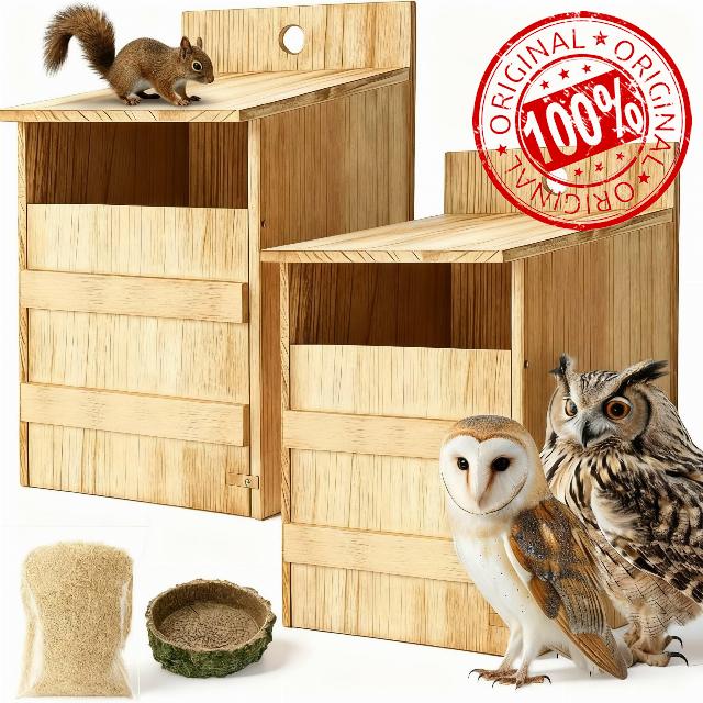 AceOrbit 2 Pack Large Squirrel House Screech Owl Nesting Box Kit for Outside 15.4 x 10.5 x 9'' Carbonized Wooden Bird House Opening Easy Assemble Easter Shelter Gift with Water Bowl Wood Shavings Tool