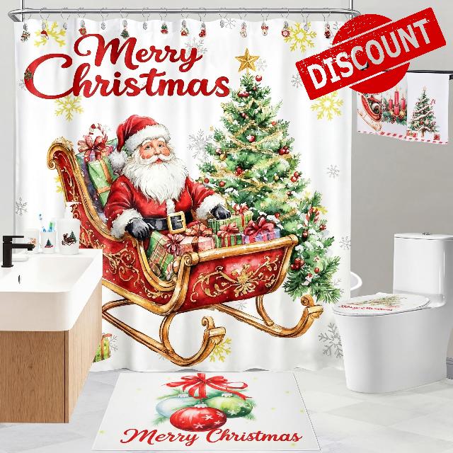 34 Pcs Christmas Shower Curtain Set with Non Slip Rug Toilet Lid Cover and Gingerbread Man Hand Towels Vintage Santa Claus Waterproof Shower Curtain with 12 Hook for Christmas Bathroom Deco