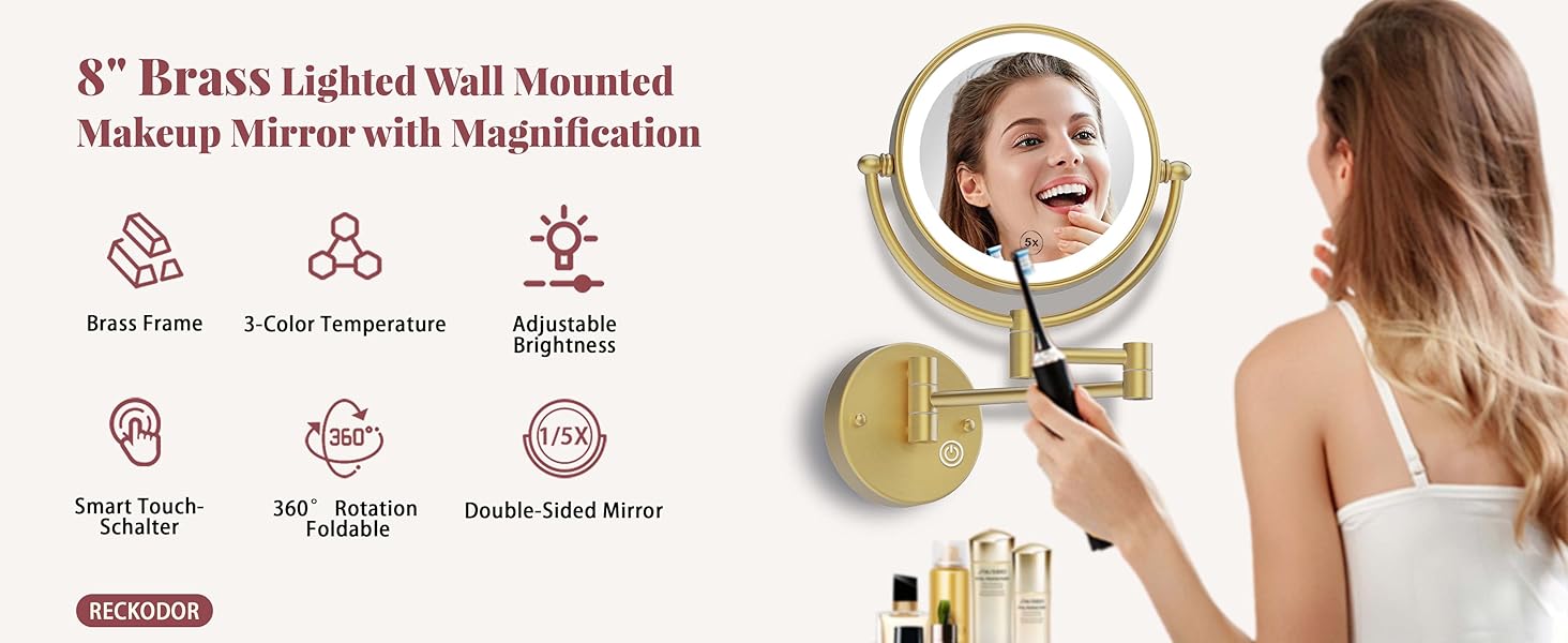 brass lighted wall mounted makeup mirror with magnification