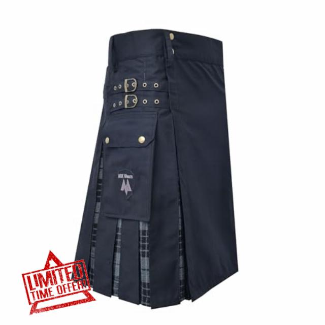 Men’s Scottish Hybrid Utility Kilt - Modern Black Cotton & Acrylic Wool Tartan Kilt for Men with Adjustable Straps