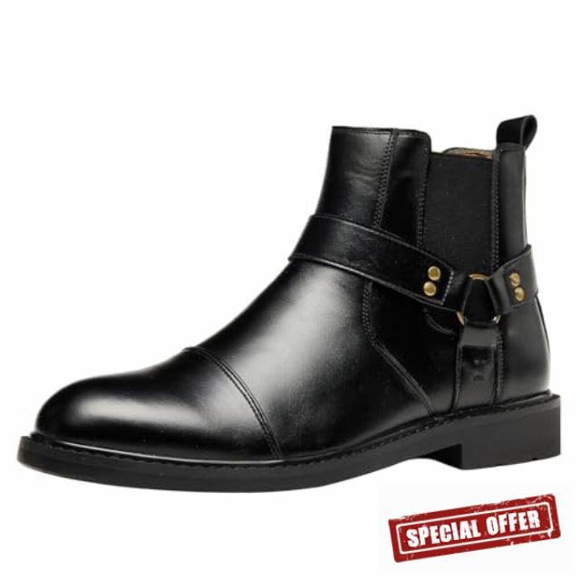 Men’s Harness Boots Western Boot Motorcycle Style Ankle Boot Dress Boots with Belt Buckle & Side Zipper for Business & Casual Wea