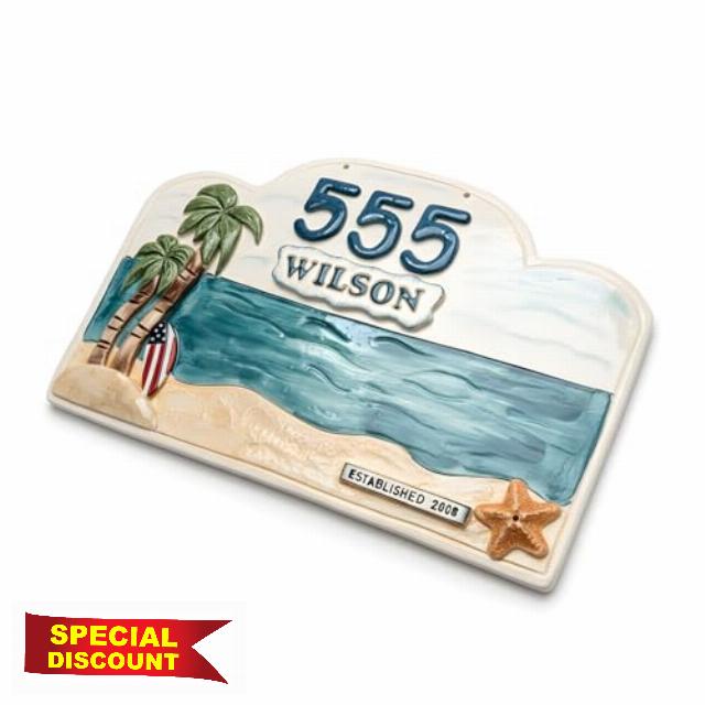 Handcrafted Luxury Coastal Palm Tree Ceramic Address Sign - Personalized Beach House Plaque - Tropical Paradise Custom Family Name & Number Plate - Nautical Outdoor Home Deco