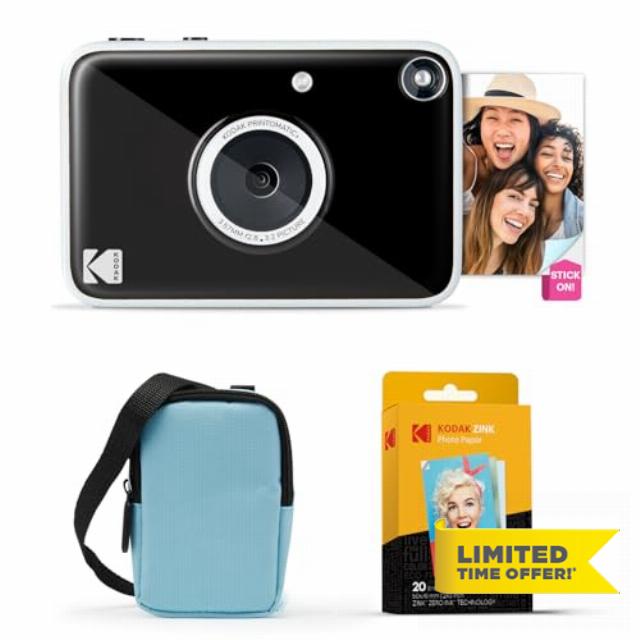 Kodak Printomatic+ Instant Print Digital Camera Starter Bundle + Carrying Case (Blue) + Zink 20pk Sticky-Back Photo Paper - 10MP