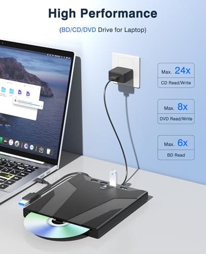 USB Blu ray Drive with SD/TF Ports 8-in-1 External Blueray/DVD Drive for PC Laptop CD/DVD/BD Reader Portable Blu ray Disc Drive Compatible with Windows Linux Mac OS