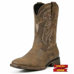 Cowboy Boots for Men Square Toe Western Boots Slip Resistant Country Boot Retro Classic Embroidered Pull On Boot for Festivals and Gift-giving
