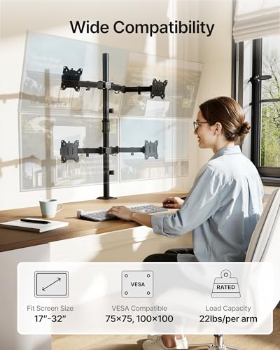 Fully Adjustable Desk Mount for 4 Screen up to 17”-32” and 22lbs Capacity Each Arm