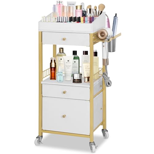 3-Drawer Cosmetic Storage Cart with Lockable Wheels & Detachable Hair Tool Holder