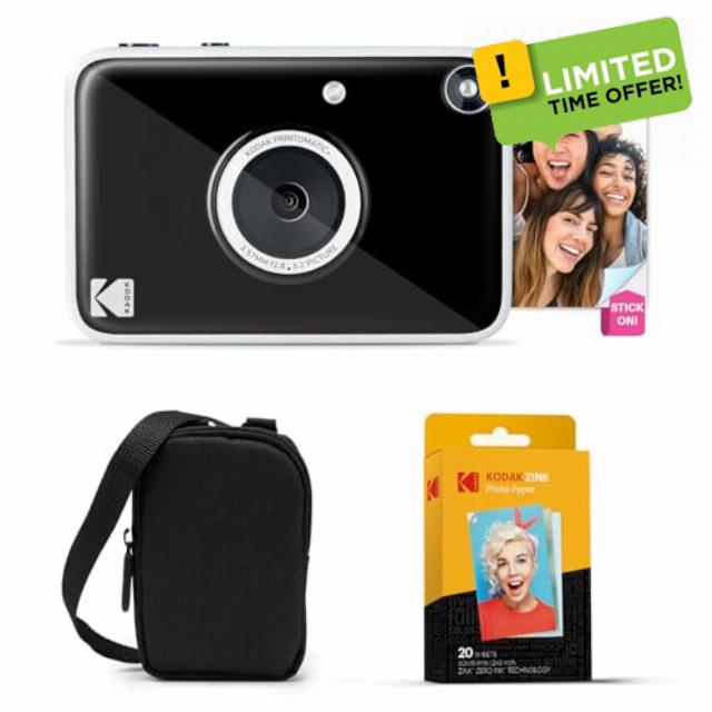 Kodak Printomatic+ Instant Print Digital Camera Starter Bundle + Carrying Case + Zink 20pk Sticky-Back Photo Paper - 10MP