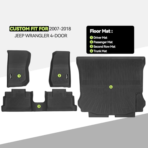 All Weather TPE Floor Liners and Trunk Mat for Wrangler 4-Door Interior Waterproof Accessories