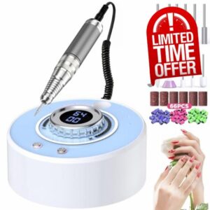 Professional Nail Drill Electric 40000RPM Portable & Rechargeable with 12 Drill Bits & 66 Sanding Bands Cordless Nail File Machine for Shaping Polishing Removing Gel Nails Salon Home (Blue)
