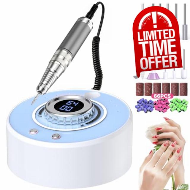 Professional Nail Drill Electric 40000RPM Portable & Rechargeable with 12 Drill Bits & 66 Sanding Bands Cordless Nail File Machine for Shaping Polishing Removing Gel Nails Salon Home (Blue)