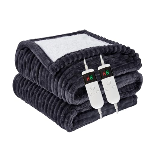Soft Flannel Heating Blanket with 8 Hours Auto Off 10 Fast Heating Levels Machine Washable Sherpa Heated Blanket with Overheating Protectio