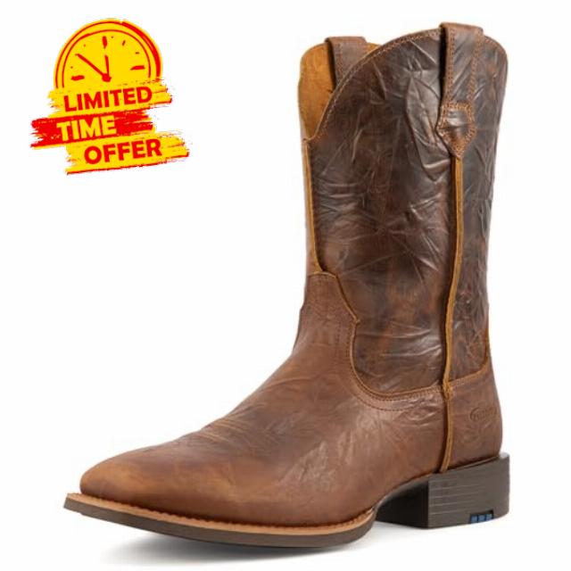 Men's Western Cowboy Boots Square Toe Full Grain Leather Mid Calf Work Boots for Men Wide Fit Non-Slip Roper Style Boots with Removable Insole （PLT103619 ）