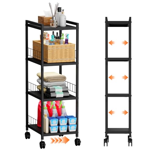 4 Tier Narrow Metal Rolling Utility Cart Organizer Adjustable Open Floor Shelf Unit for Small Spaces Bathroom Laundry Room Kitche