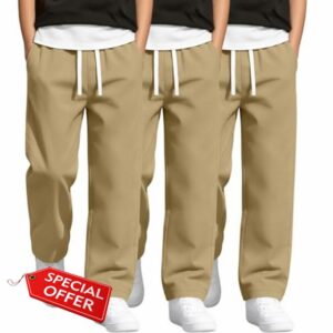 3 Pack Boys School Uniform Pants Elastic Waist Drawstring Trousers Cotton Casual Straight Leg Pants with Pockets