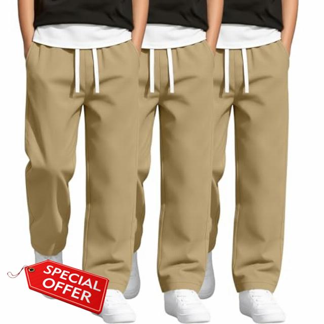 3 Pack Boys School Uniform Pants Elastic Waist Drawstring Trousers Cotton Casual Straight Leg Pants with Pockets