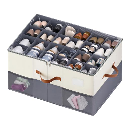 Large Foldable Shoe Storage Containers Box Bin w with Clear Lid and 4 Handles