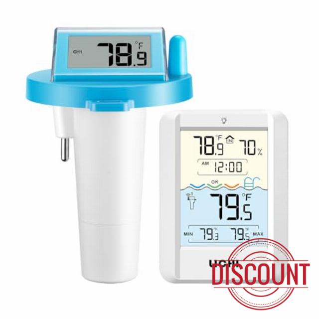 Solar Wireless Floating Pool Thermometer - Upgraded IPX8 Waterproof Easy Read Digital Thermometer with Time