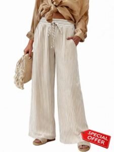 Womens Striped Wide Leg Palazzo Pants High Waisted Elastic Drawstring Casual Lounge Trousers with Pockets