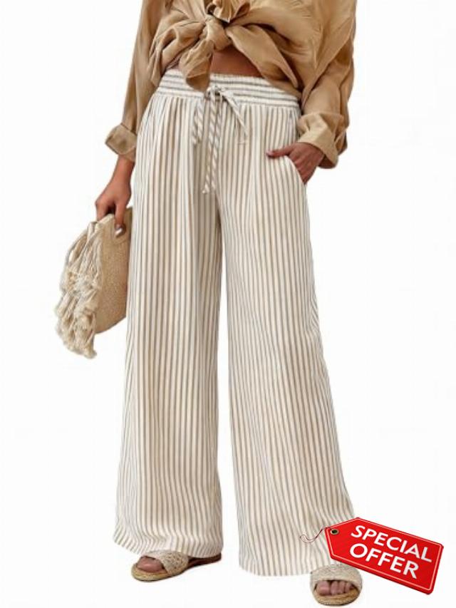 Womens Striped Wide Leg Palazzo Pants High Waisted Elastic Drawstring Casual Lounge Trousers with Pockets