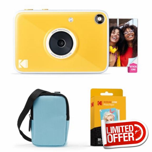 Kodak Printomatic+ Instant Print Digital Camera Starter Bundle + Carrying Case (Blue) + Zink 20pk Sticky-Back Photo Paper - 10MP