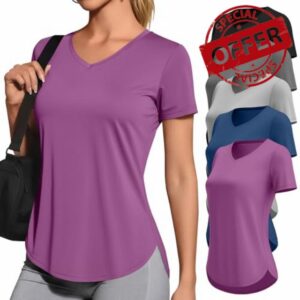 5 Pack Women's Workout Shirts V Neck Quick Dry Tops UPF 50+ Short Sleeve UV Gym Basic Tee Side Slits Curved Hem