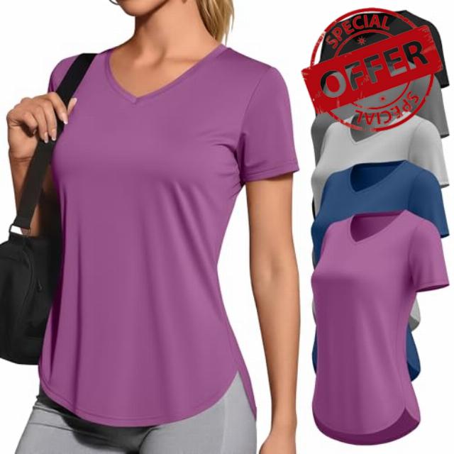 5 Pack Women's Workout Shirts V Neck Quick Dry Tops UPF 50+ Short Sleeve UV Gym Basic Tee Side Slits Curved Hem