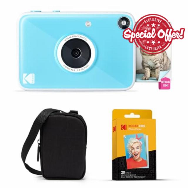 Kodak Printomatic+ Instant Print Digital Camera Starter Bundle + Carrying Case + Zink 20pk Sticky-Back Photo Paper - 10MP