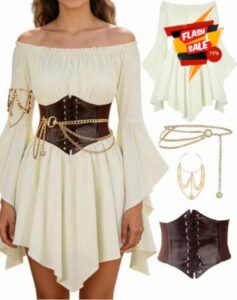 Pirate Costume Women Renaissance Dress Off Shoulder Bell Sleeve Fairy Dress with Arm chain Waist Belt