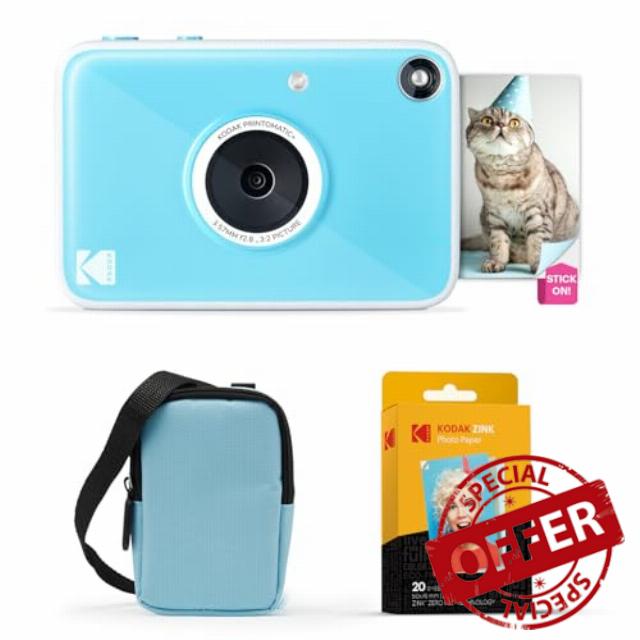 Kodak Printomatic+ Instant Print Digital Camera Starter Bundle + Carrying Case (Blue) + Zink 20pk Sticky-Back Photo Paper - 10MP
