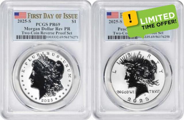 2025-S Reverse Proof Morgan and Peace Silver Dollar Set