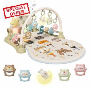 Baby Play Gym Mat - Funny Play Piano Activity Playmat with 5 Infant Learning Detachable Toys for Sensory Development