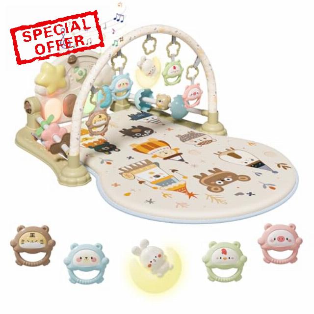 Baby Play Gym Mat - Funny Play Piano Activity Playmat with 5 Infant Learning Detachable Toys for Sensory Development