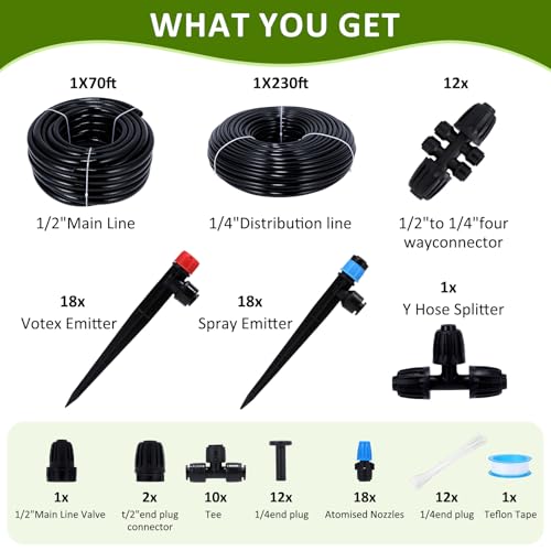Automatic Garden Watering Misting System with 70FT1/2 inch Hose 230FT 1/4 inch Distribution Tubing and Accessories for Garden Lawn Greenhouse Plant Flower Bed