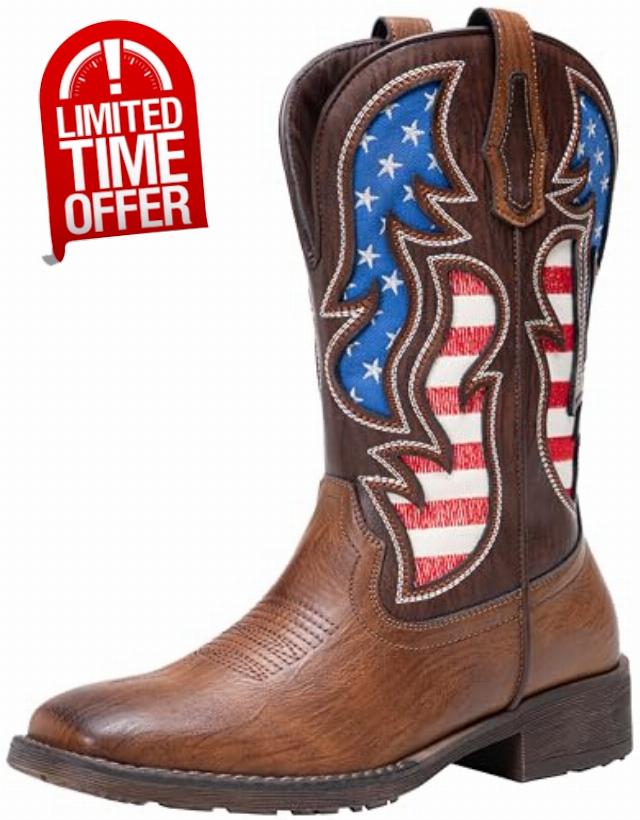 Jousen Cowboy Boots for Men Western Boot Side Zipper American Flag Retro Square Toe Mid-Calf Mens Boots